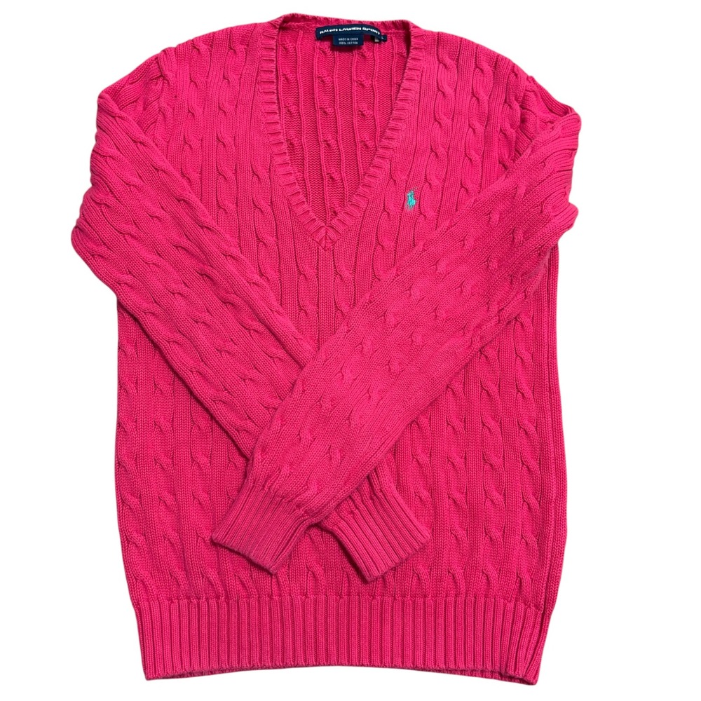 Ralph Lauren Womens L Sweater Pink Cable Knit V-Neck Cotton Old Money Preppy